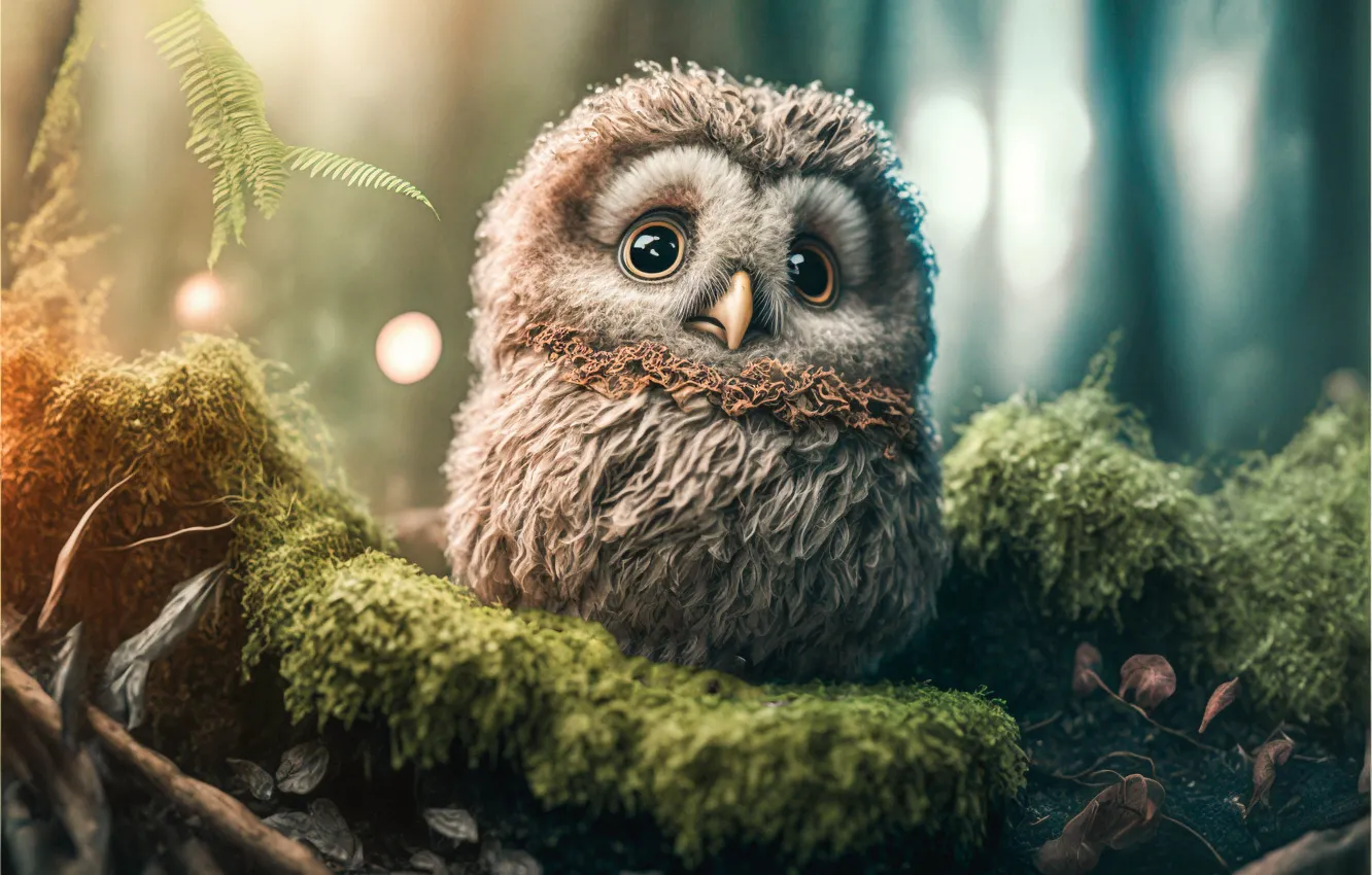 Photo wallpaper forest, nature, rendering, owl, bird, graphics, animal, baby
