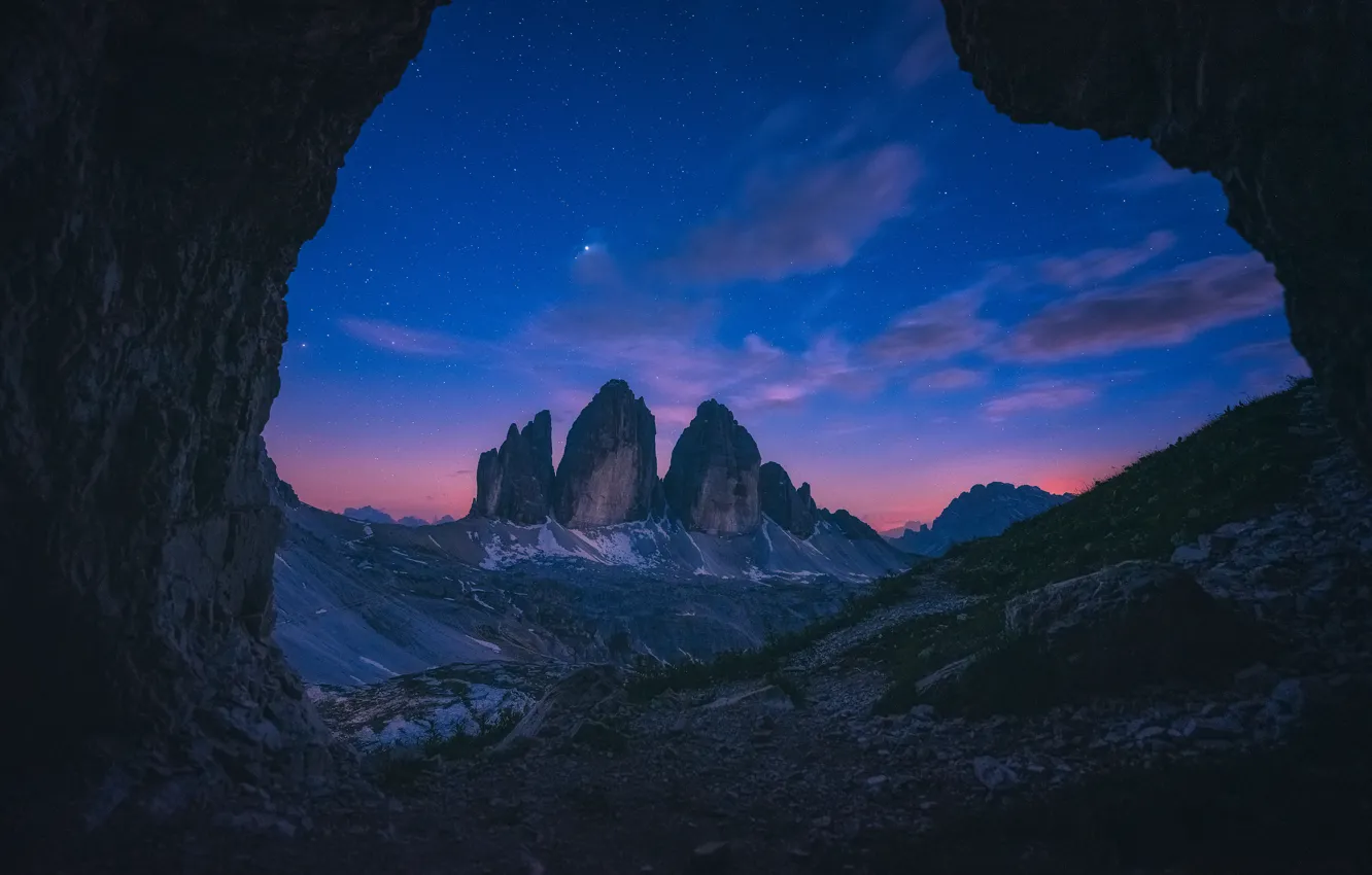 Photo wallpaper mountains, night, rocks, cave, The Dolomites
