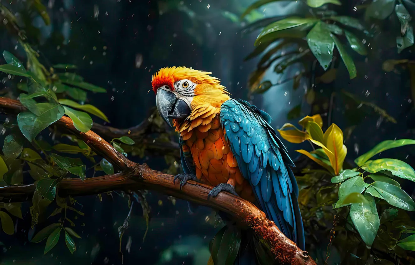 Photo wallpaper leaves, branches, nature, rain, bird, parrot, neural network