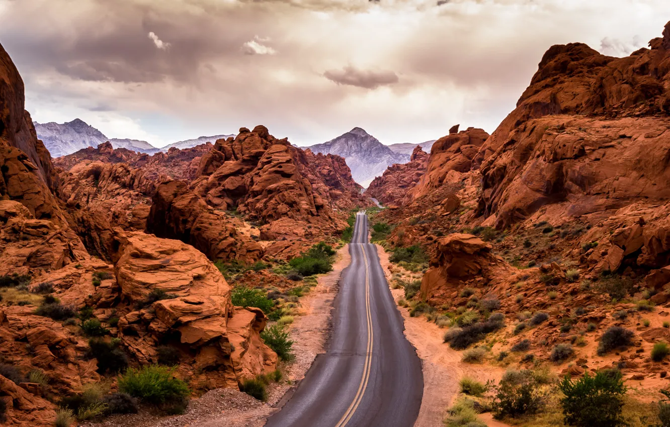 Photo wallpaper road, clouds, landscape, mountains, nature, valley, USA, Nevada
