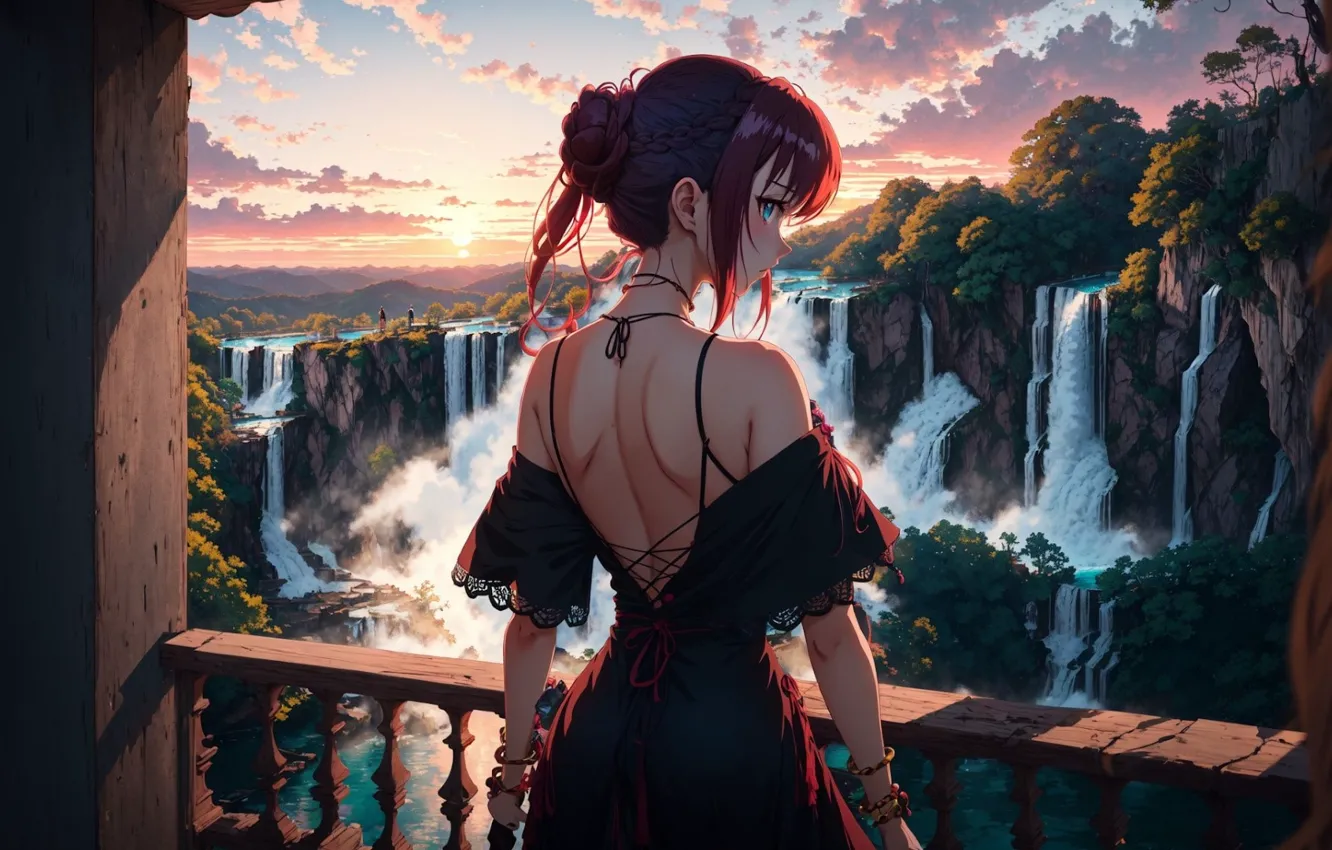 Photo wallpaper summer, waterfall, anime, horizon, space, digital art, Anime girl, digital art