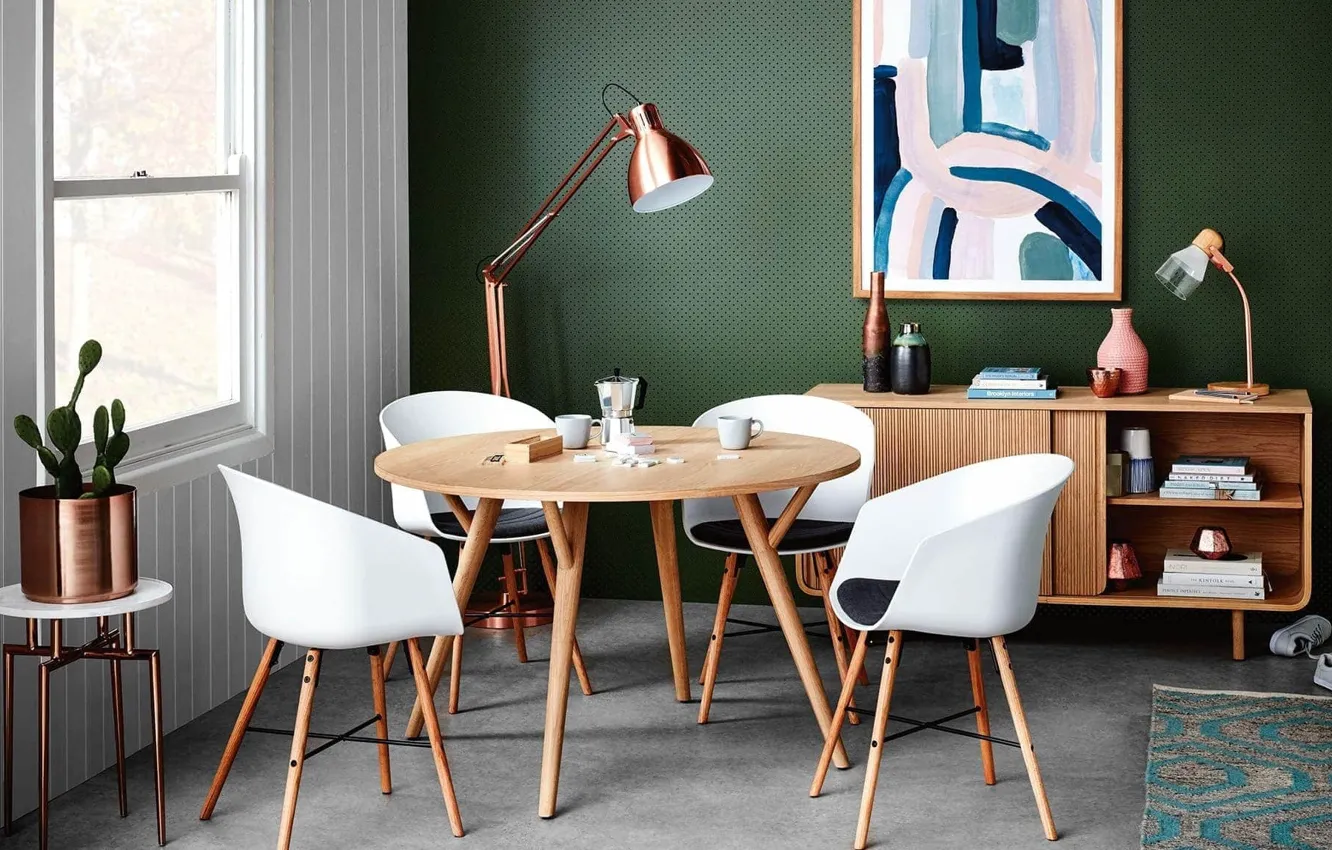 Photo wallpaper design, style, interior, and light wooden furniture, dining room with green walls