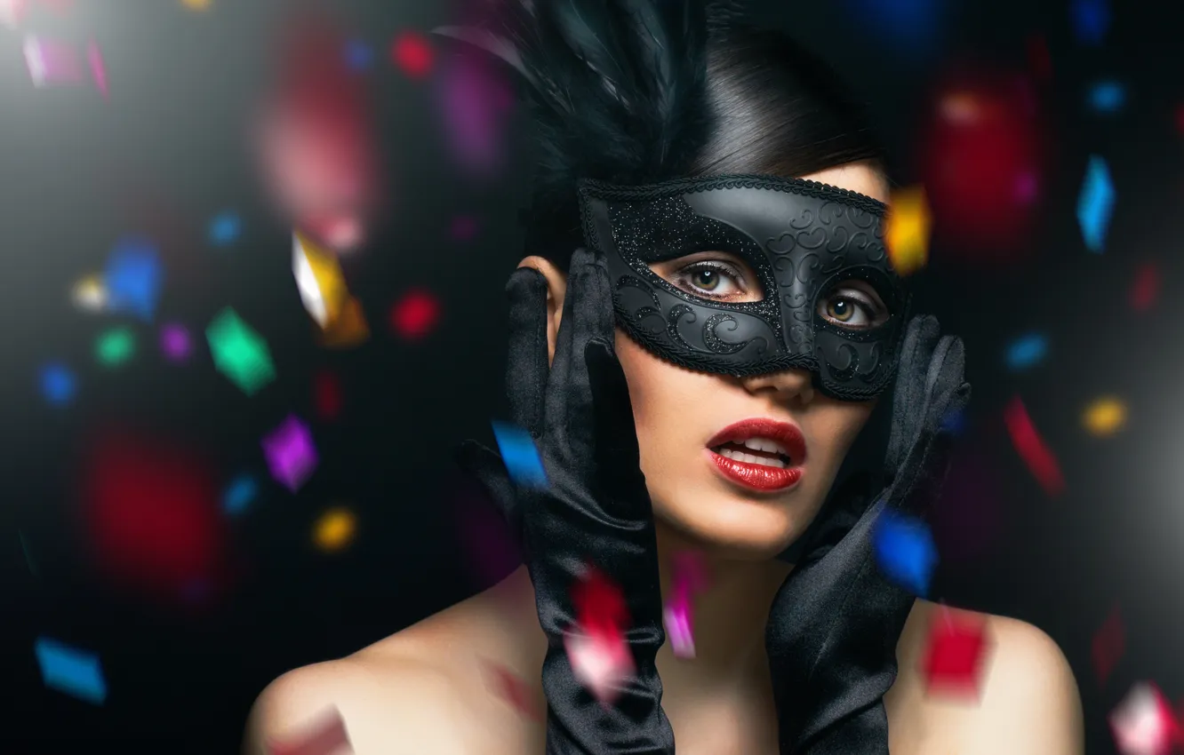Photo wallpaper look, girl, feathers, mask, mystery, gloves, hairstyle, carnival
