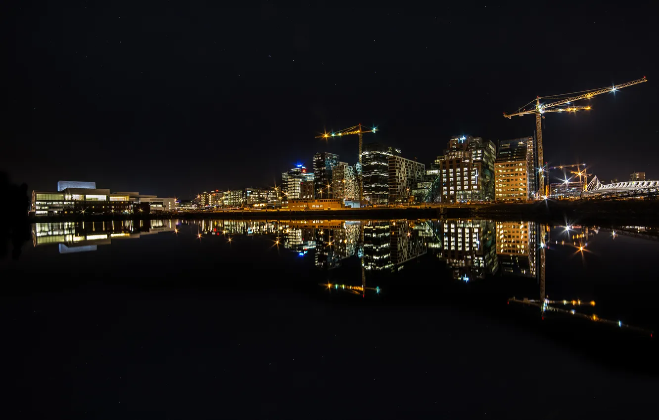 Photo wallpaper night, the city, lights, river, tower crane