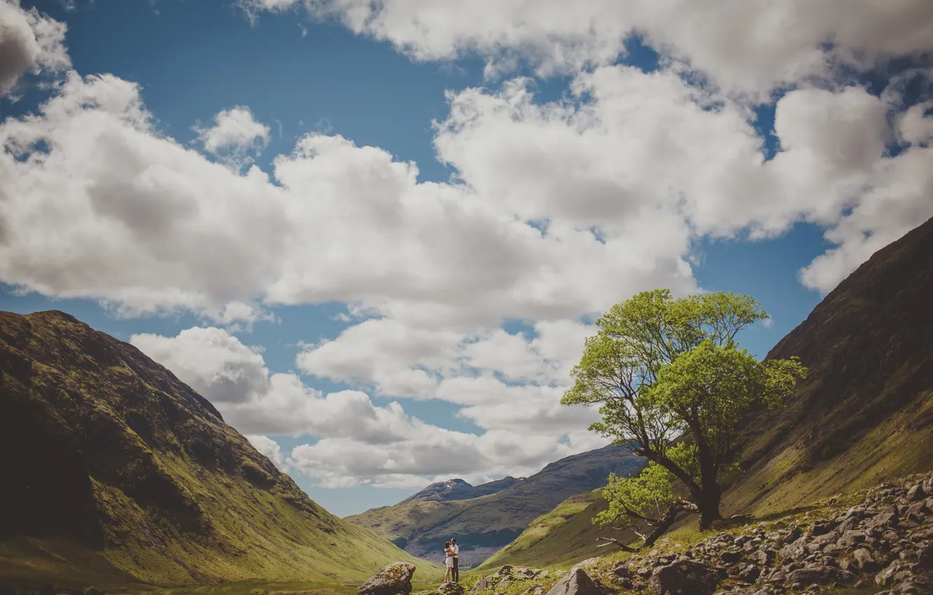 Photo wallpaper greens, the sky, clouds, trees, nature, hills, lovers