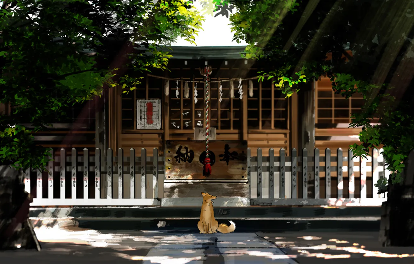 Photo wallpaper rays, trees, Fox, temple