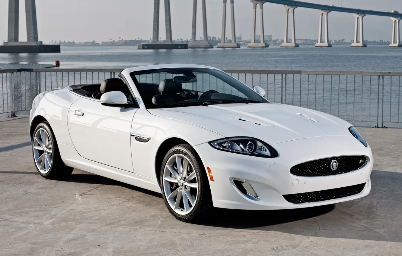 Photo wallpaper white, bridge, shore, Jaguar, convertible, Convertible, JaguarXKR