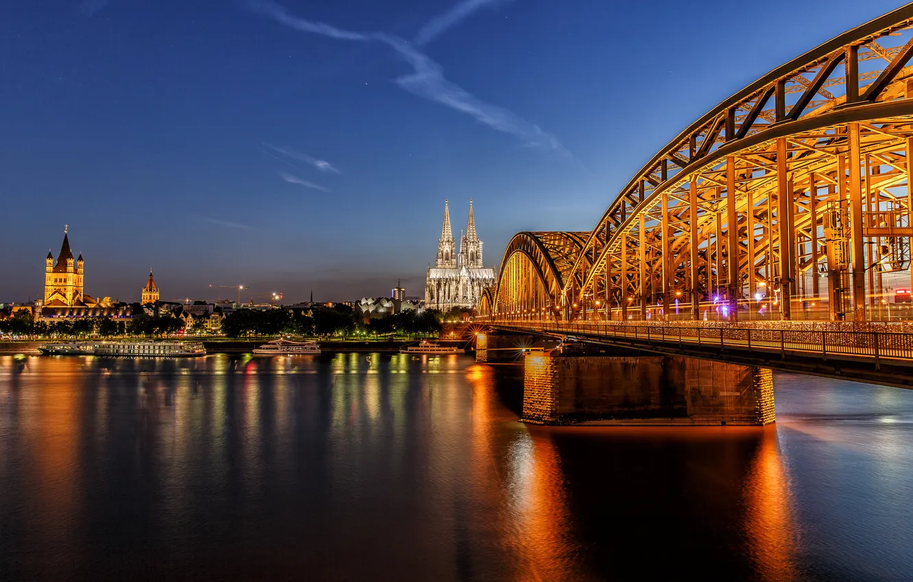 Photo wallpaper the sky, bridge, lights, river, home, the evening, Germany, Cathedral