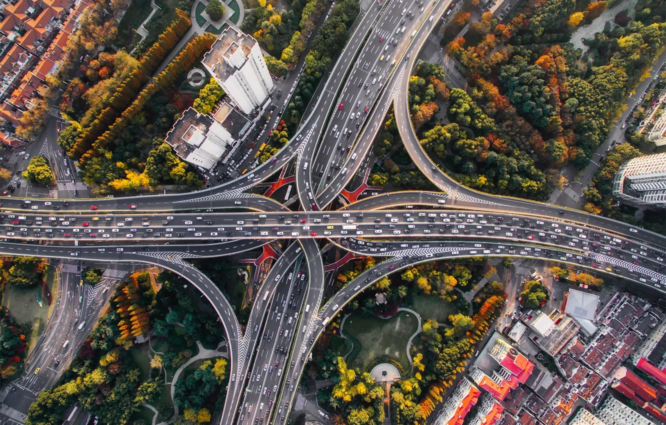 Photo wallpaper road, machine, autumn, the city, home, the view from the top