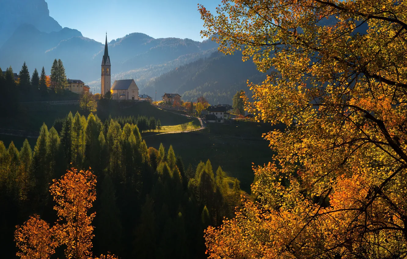 Photo wallpaper autumn, landscape, mountains, nature, hills, village, home, Italy