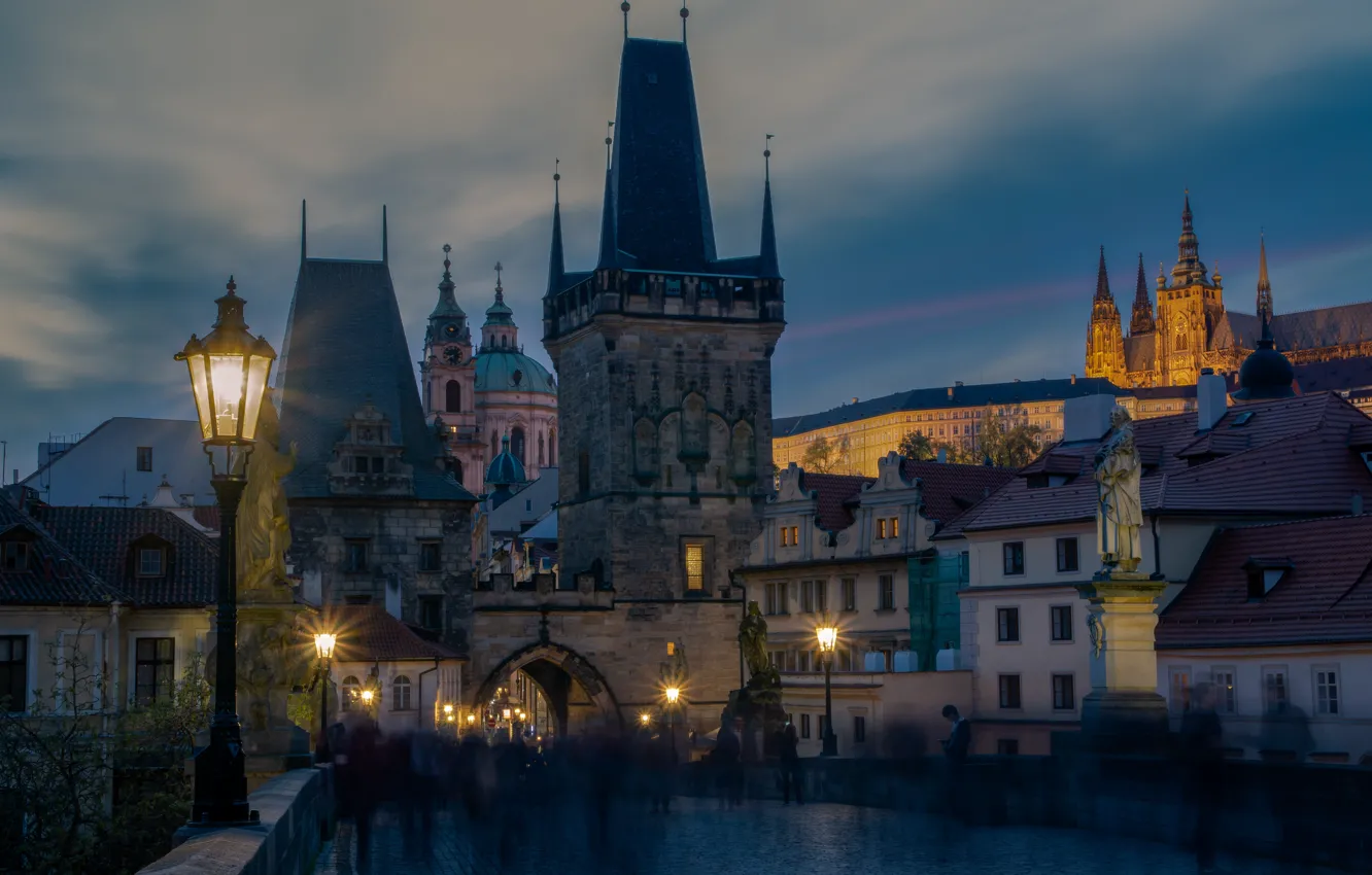 Photo wallpaper clouds, night, bridge, lights, movement, people, building, home
