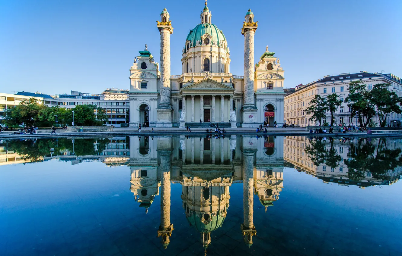 Photo wallpaper water, the city, reflection, building, Austria, Church, architecture, Vienna