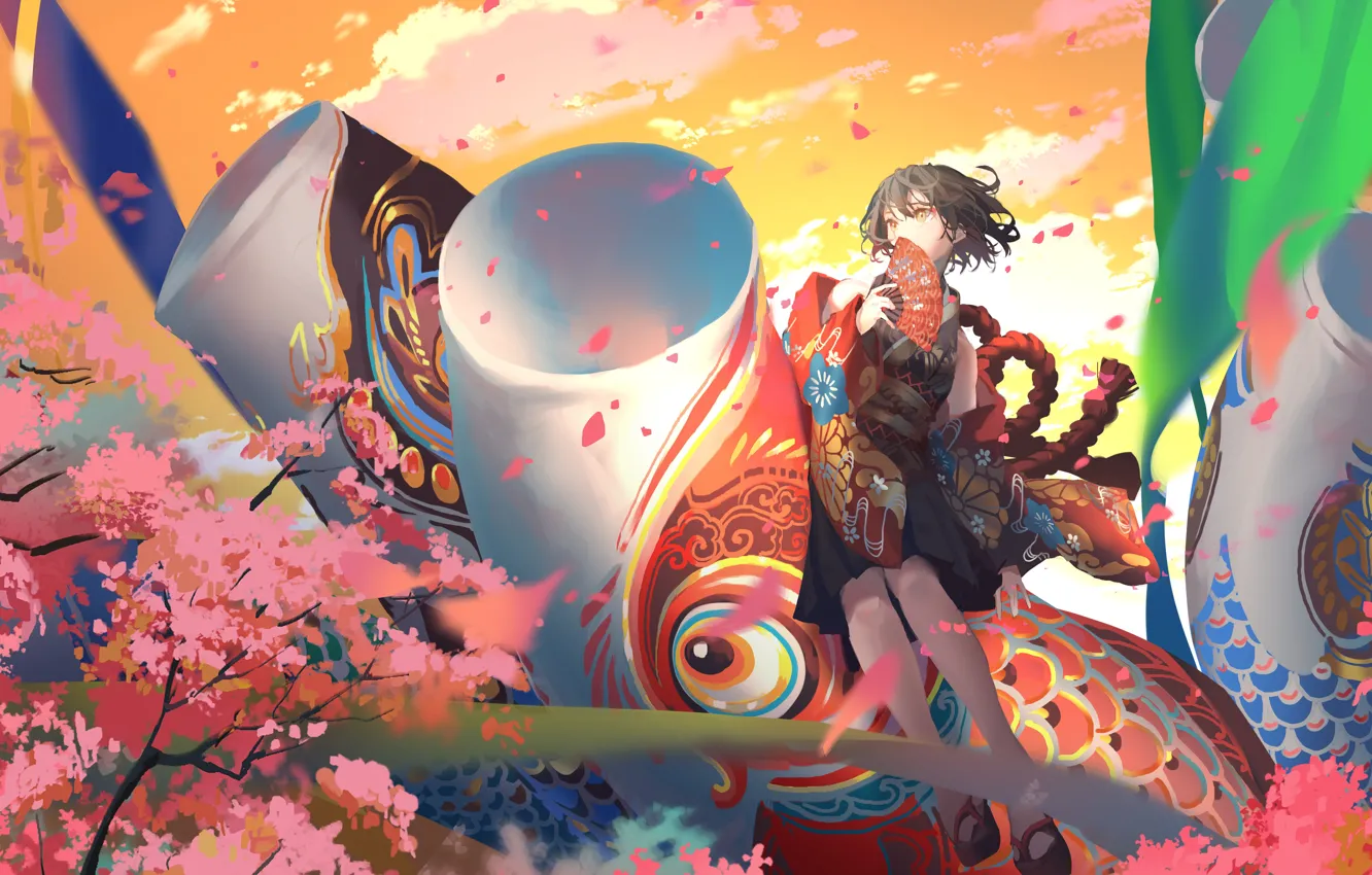 Photo wallpaper girl, fish, Sakura, fan, kinobor