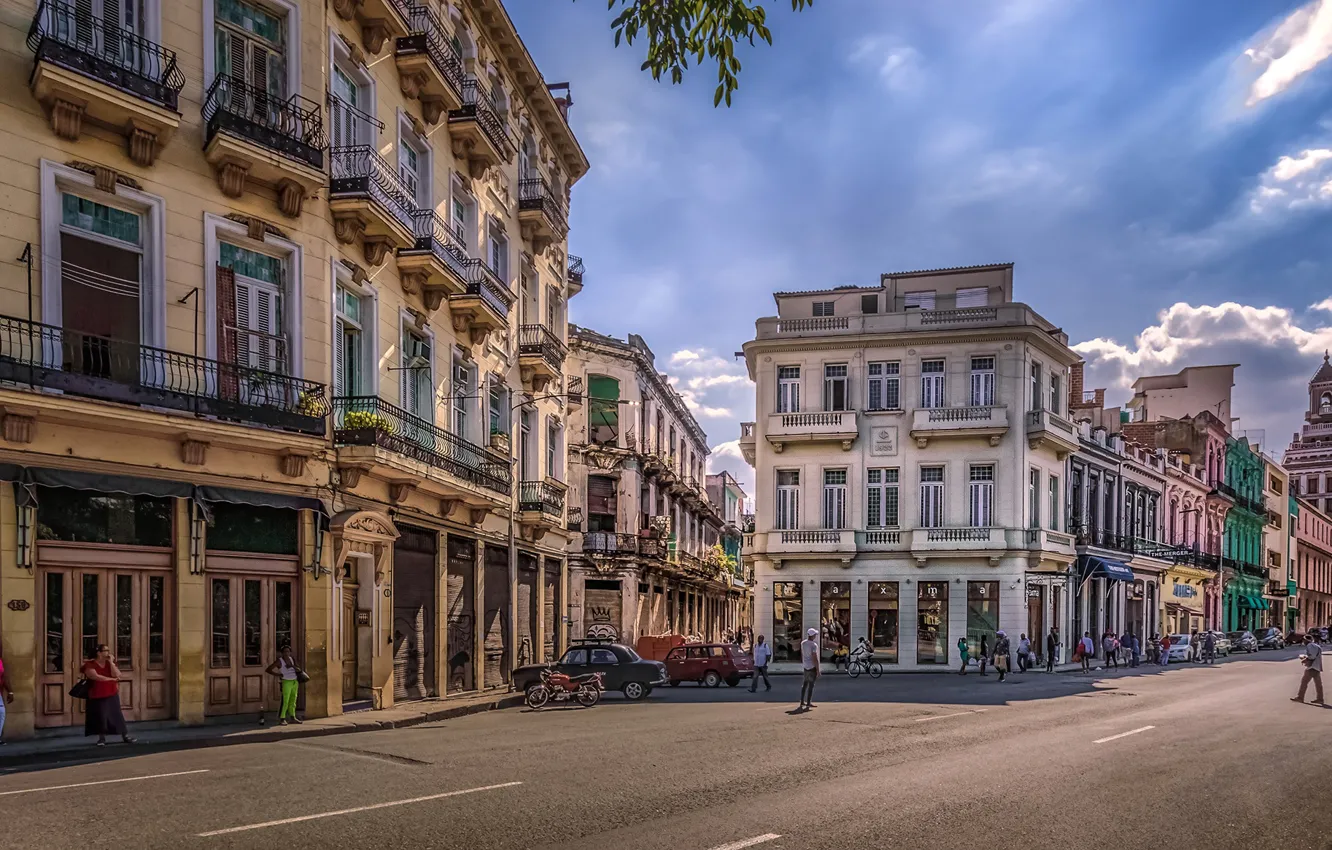 Photo wallpaper road, the sky, the sun, clouds, Cuba, street, people, HDR