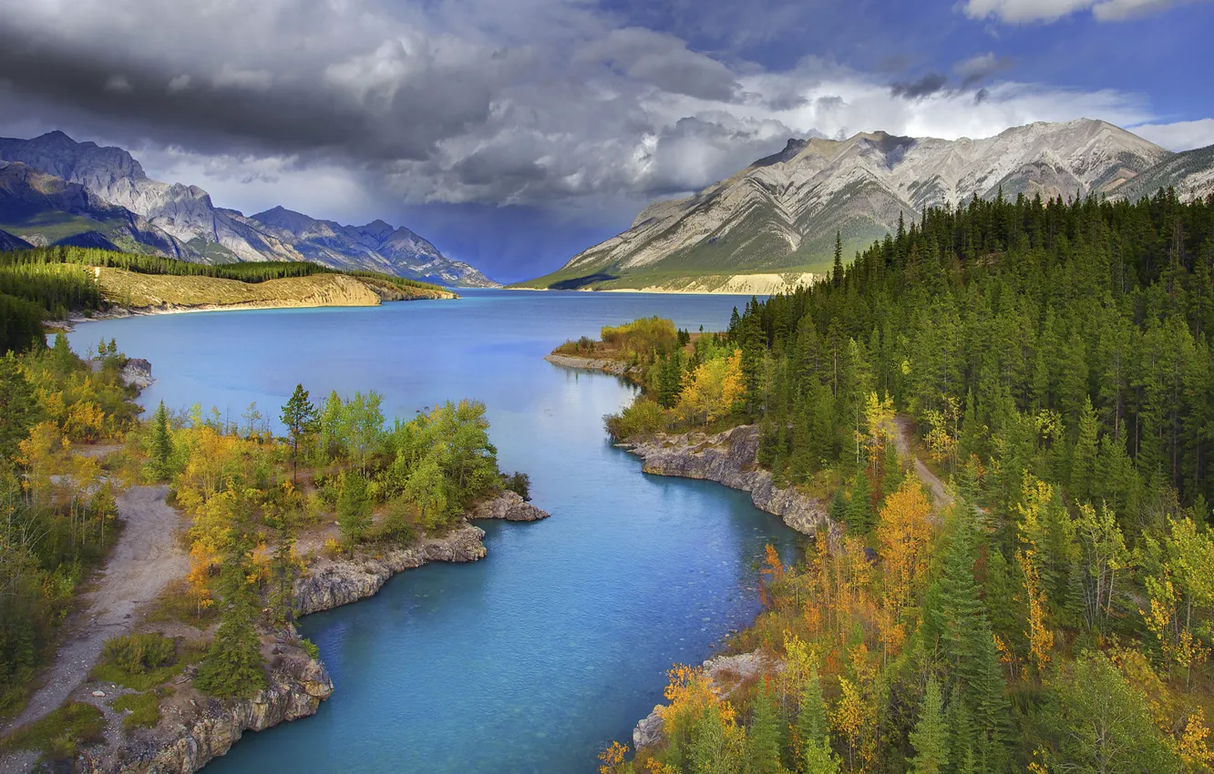 Photo wallpaper autumn, forest, trees, mountains, nature, river