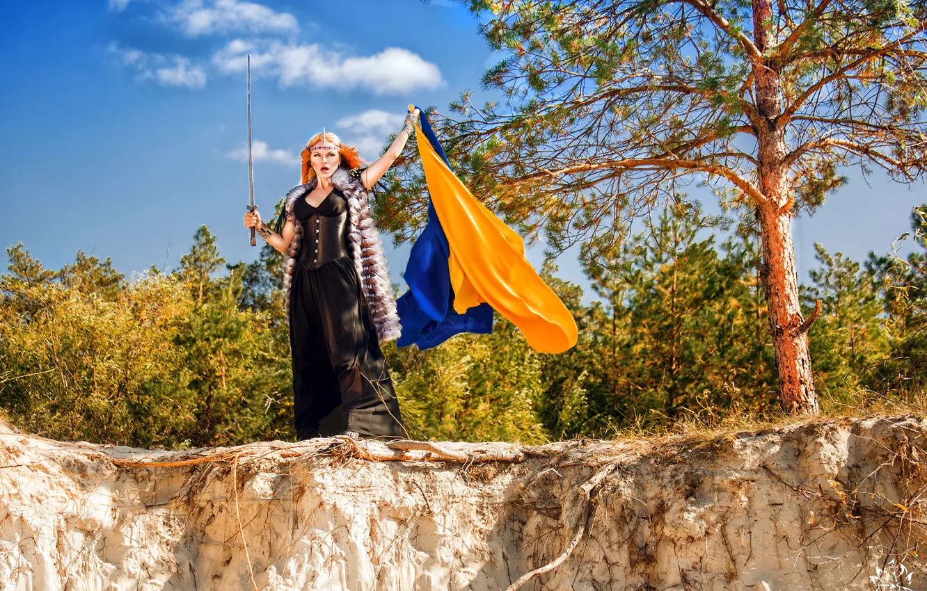 Photo wallpaper nature, open, sword, dress, flag, Ukraine, redhead