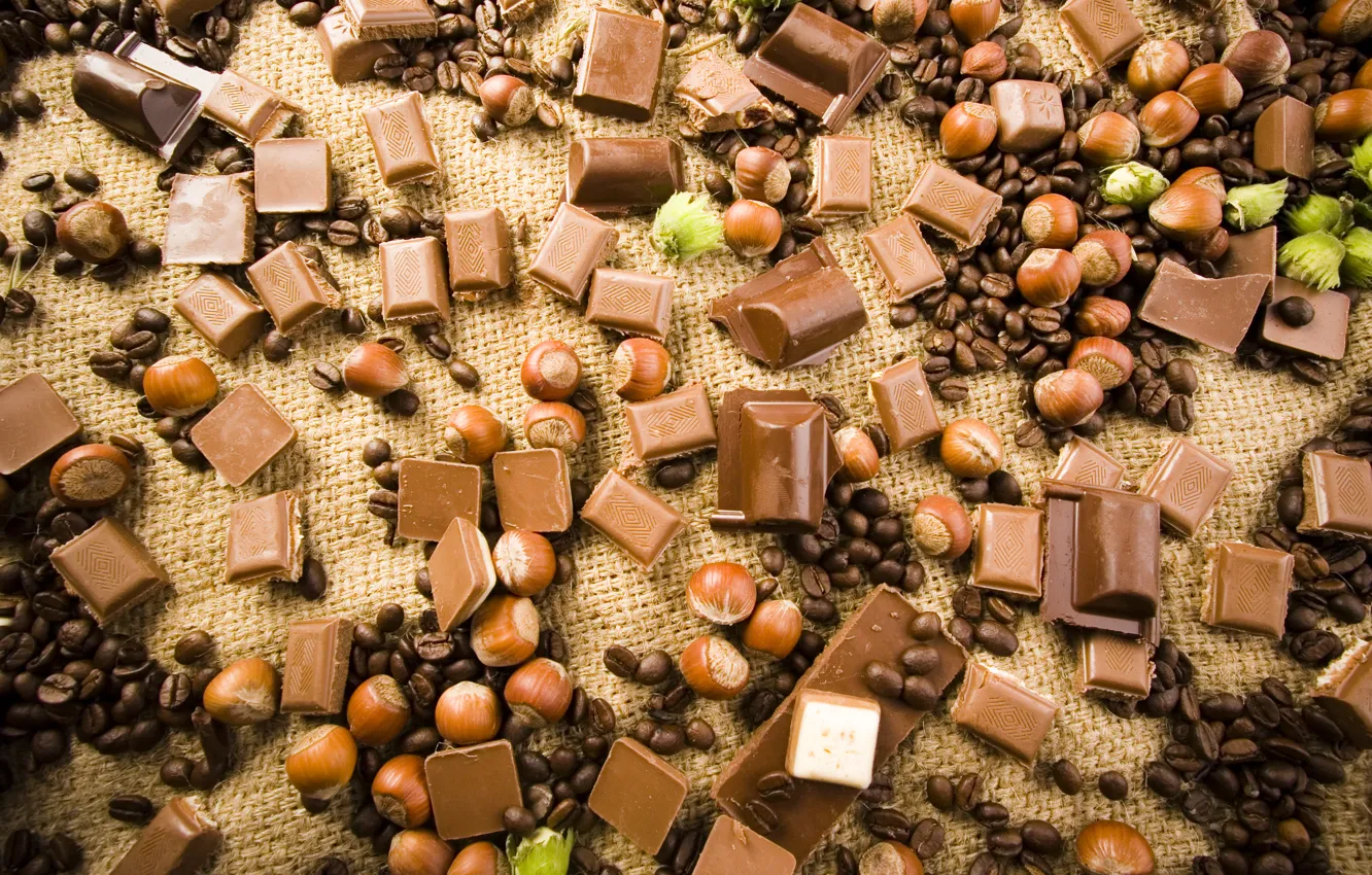 Photo wallpaper chocolate, coffee beans, hazelnuts