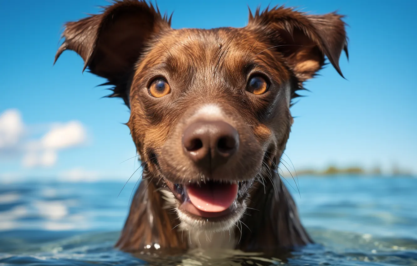 Photo wallpaper look, face, water, joy, dog, front, digital art, AI art