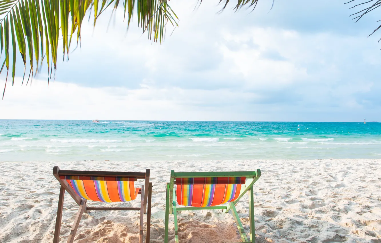 Photo wallpaper sea, beach, nature, tropics, palm trees, stay, blue water