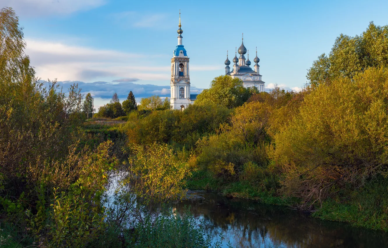 Photo wallpaper autumn, Church, river, Yaroslavl oblast, Savinskaya, Andrey Gubanov