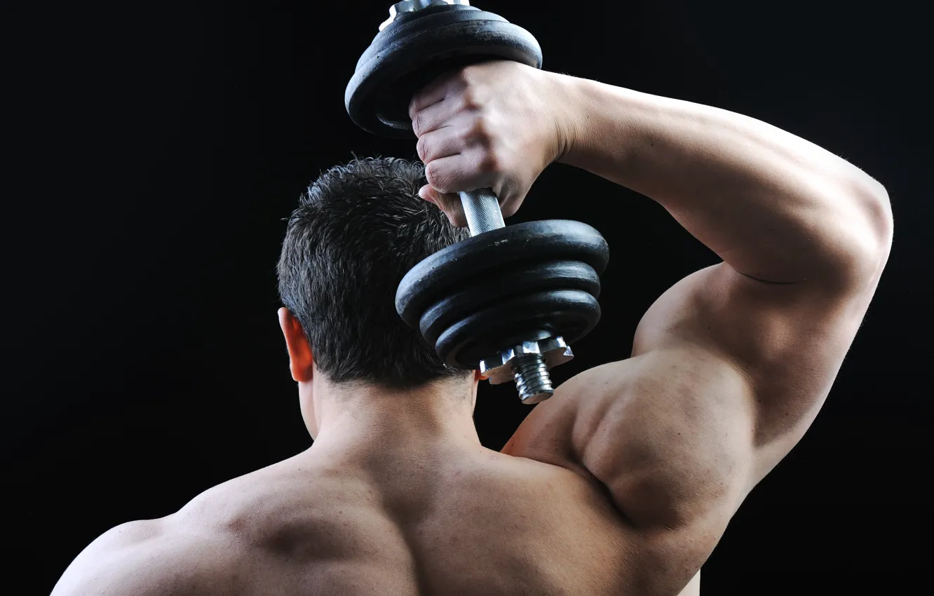 Photo wallpaper muscles, back, bodybuilding, shoulders, dumbbell, bodybuilder