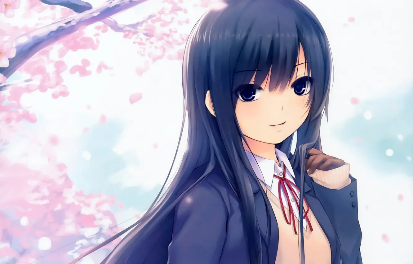 Photo wallpaper look, girl, smile, street, Sakura, form, bag, art