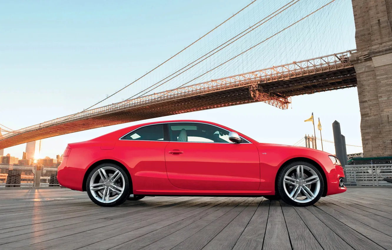 Photo wallpaper machine, red, bridge, Audi, morning