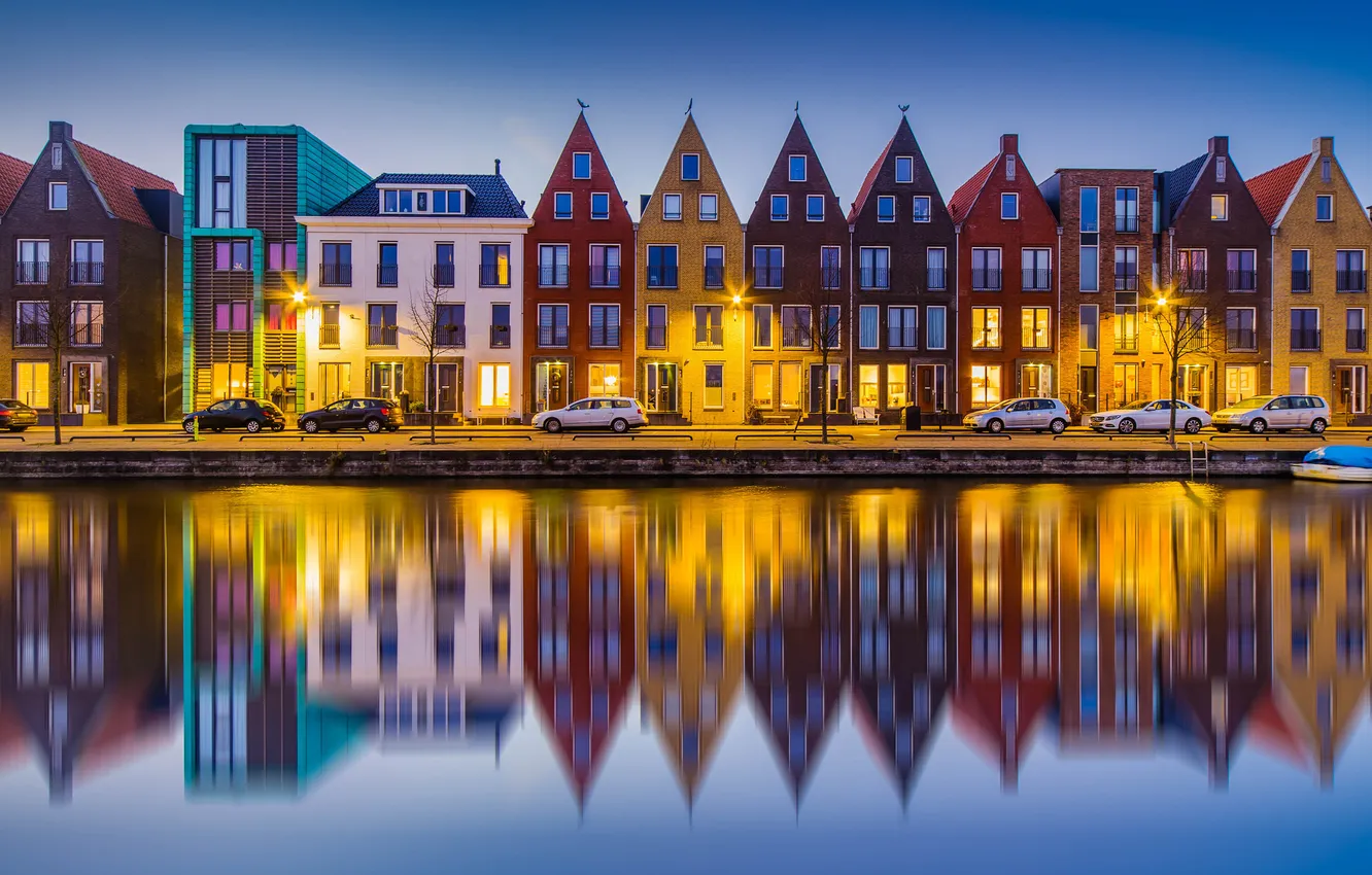 Photo wallpaper the sky, the city, reflection, river, the evening, lighting, lights, houses