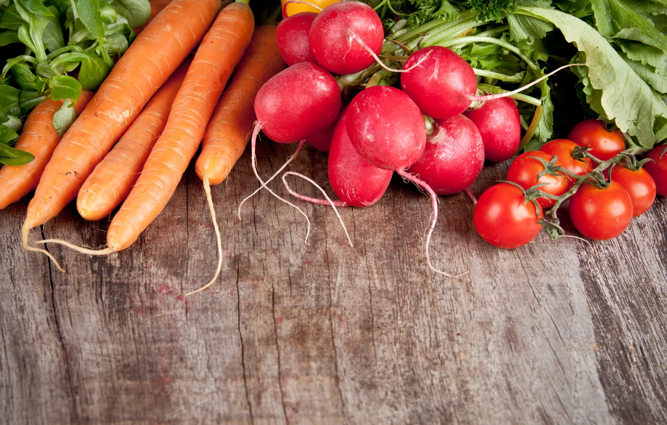 Photo wallpaper photo, food, vegetables, tomatoes, carrots, radishes