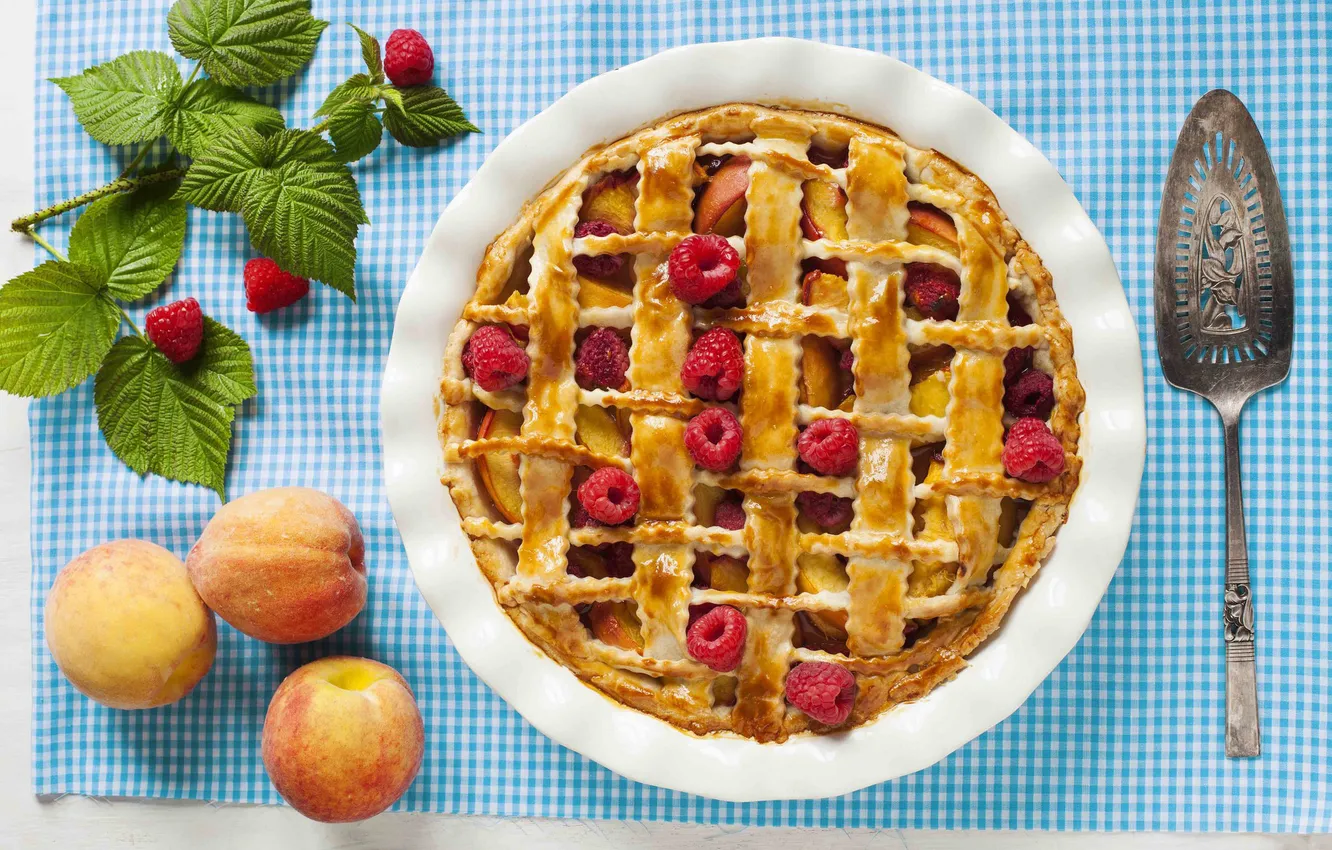 Photo wallpaper leaves, berries, raspberry, apples, food, pie, dishes, fruit