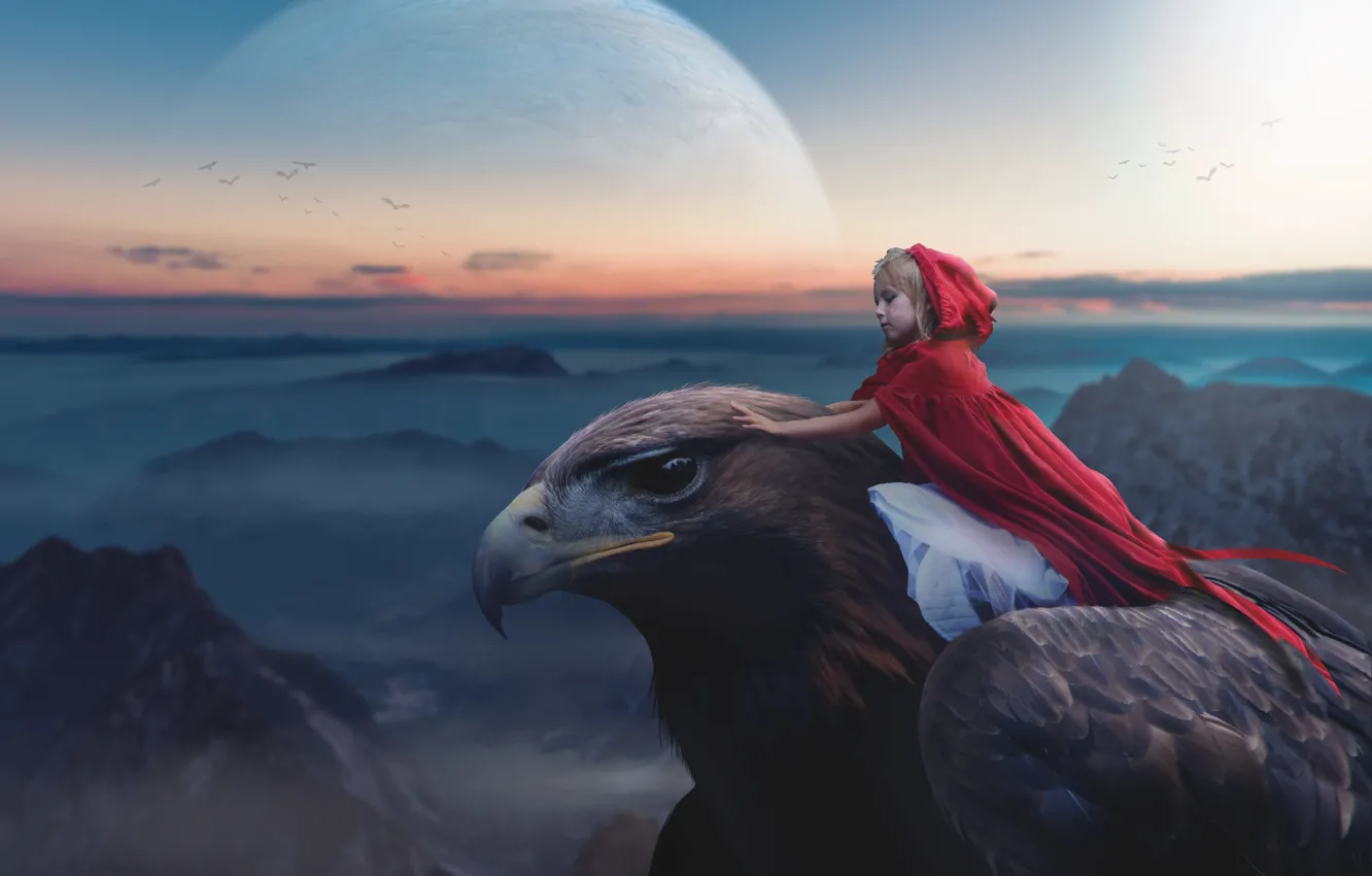 Photo wallpaper the sky, look, flight, mountains, children, pose, fog, rendering