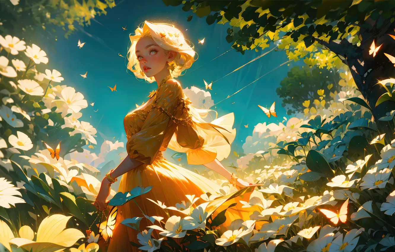 Photo wallpaper girl, fantasy, butterfly, land