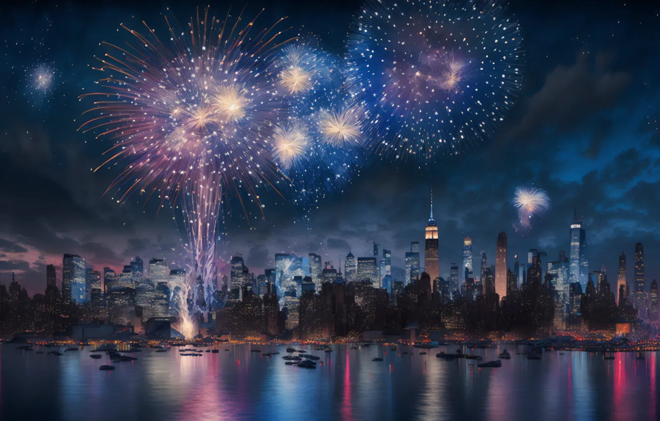 Photo wallpaper water, clouds, night, the city, reflection, river, boat, skyscrapers