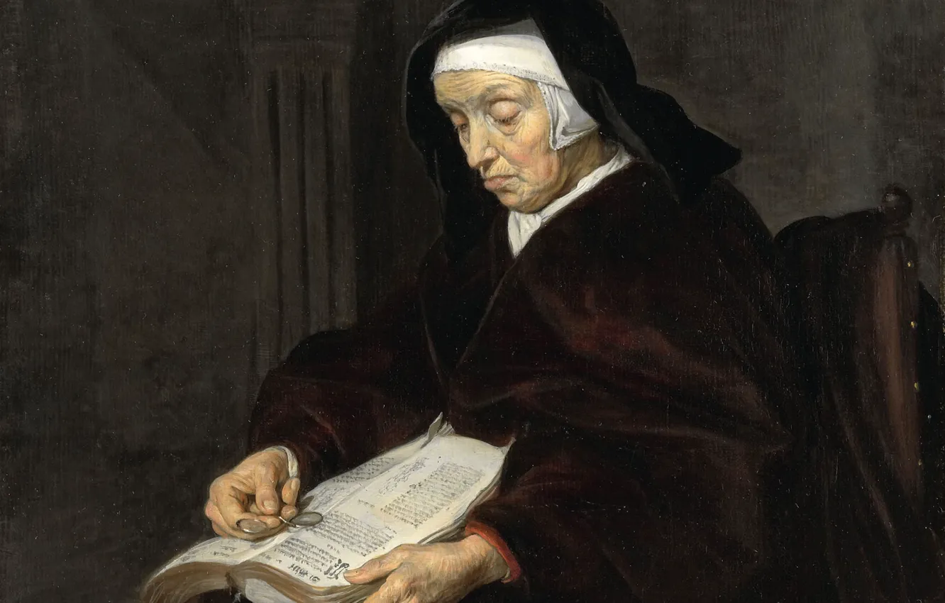 Photo wallpaper trees, oil, portrait, picture, An old Woman in Meditation, Gabriel Metso