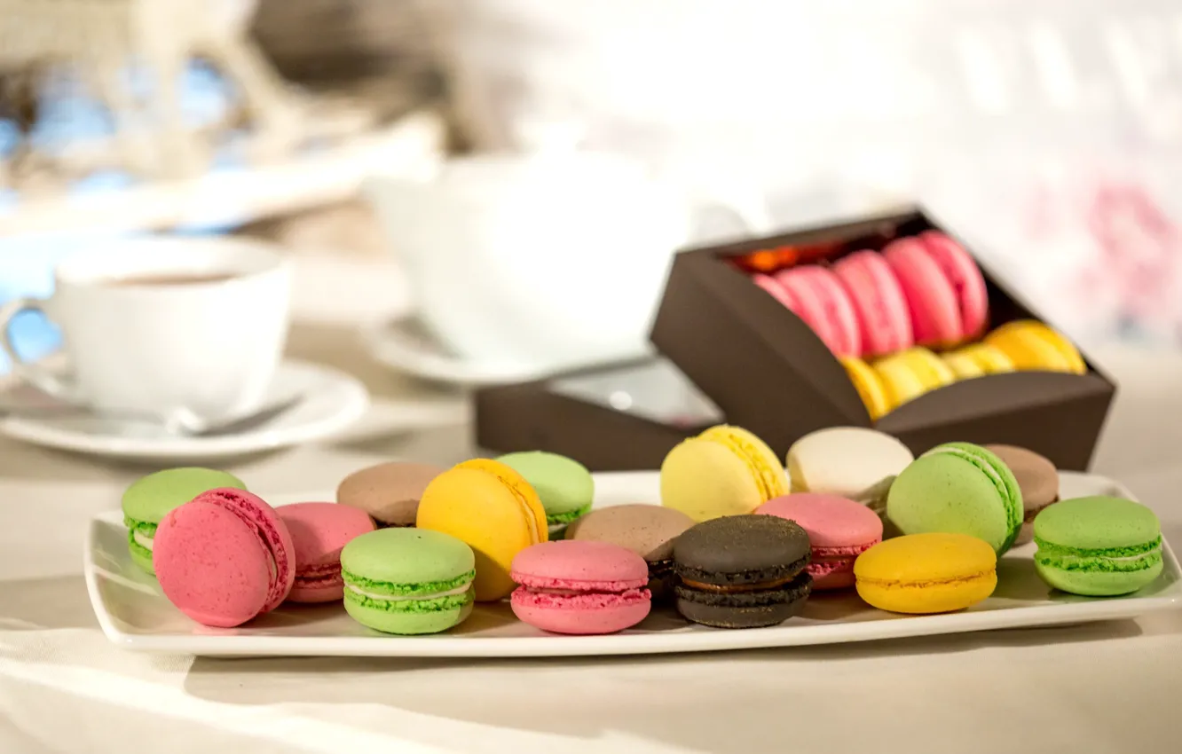 Photo wallpaper box, tea, macaroon, almond cake