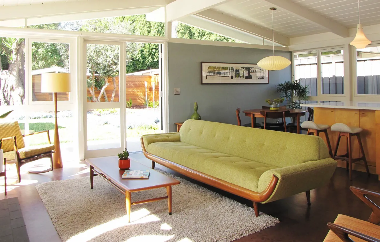 Photo wallpaper design, interior, retro style, dining room, mid-century perfection, Long Beach House, mid-century perfection, by Josh …