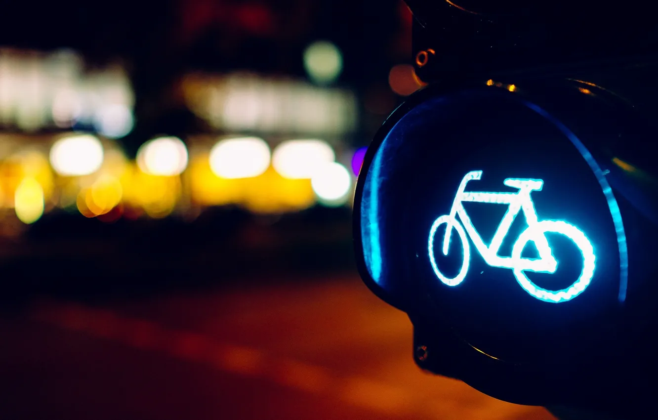Photo wallpaper road, macro, light, bike, lights, background, blue, sign