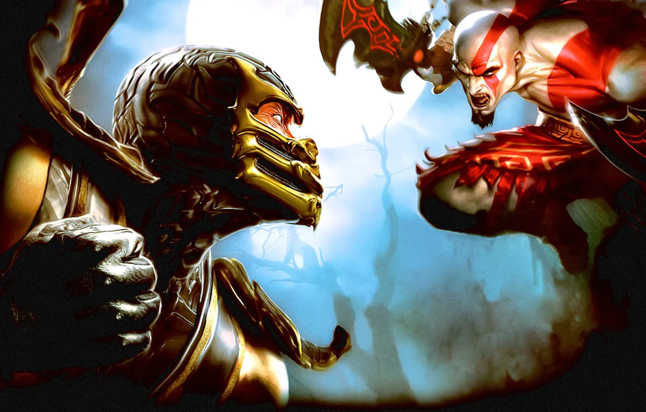 Photo wallpaper Kratos, Mortal Kombat, Scorpion, fighting