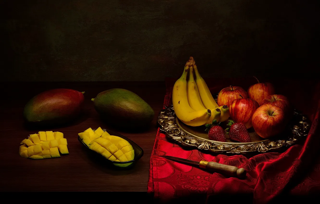 Photo wallpaper berries, the dark background, table, apples, strawberry, knife, bananas, fabric