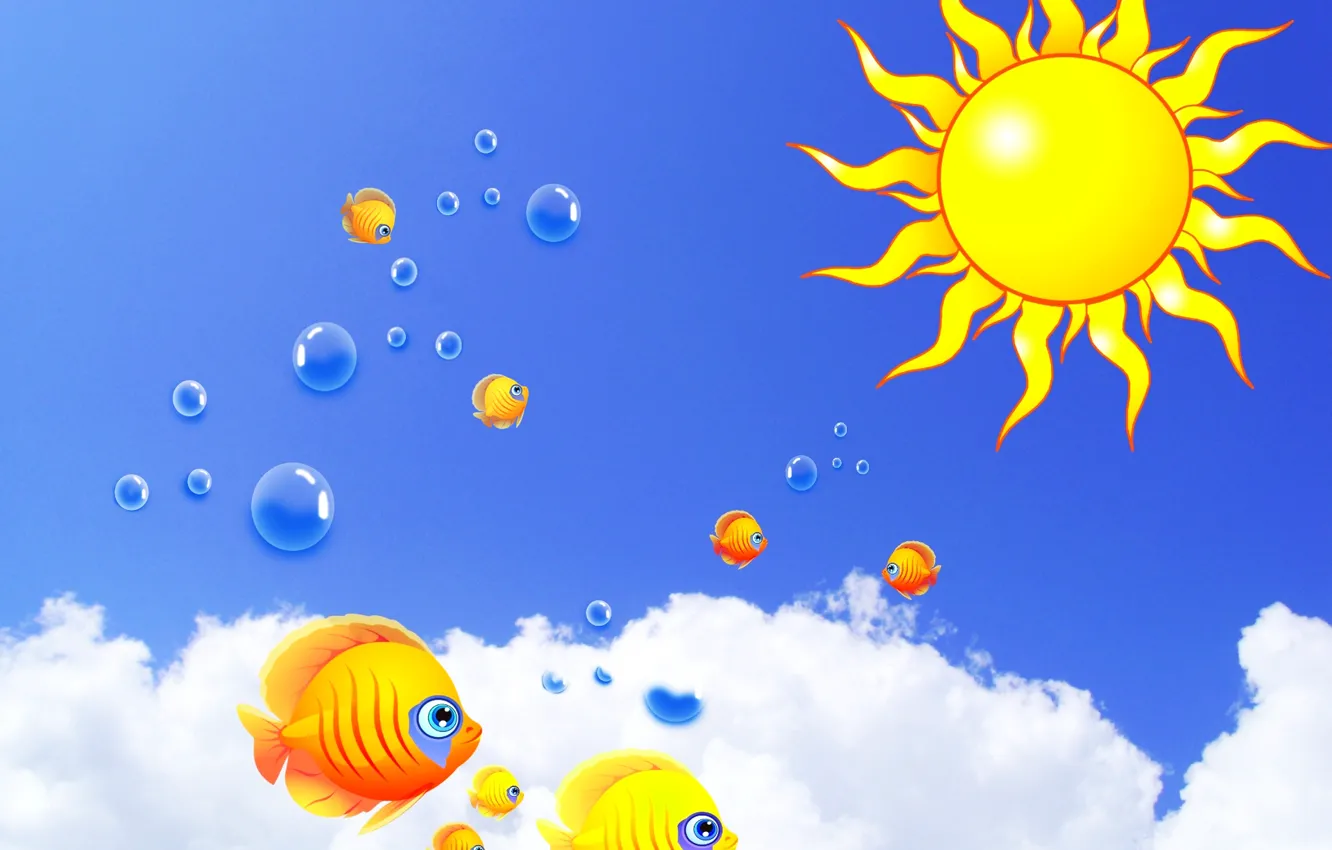 Photo wallpaper the sky, the sun, clouds, fish, bubbles