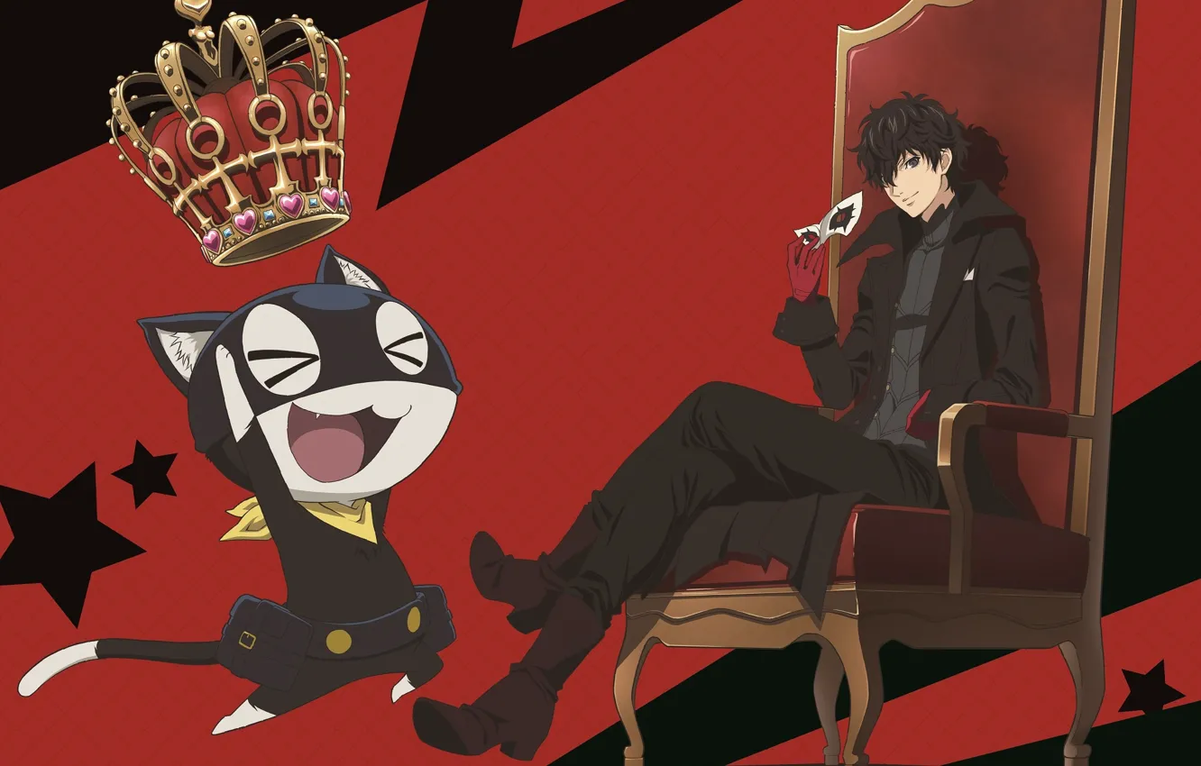 Photo wallpaper cat, chair, crown, mask, Joker, guy, the throne, Person 5