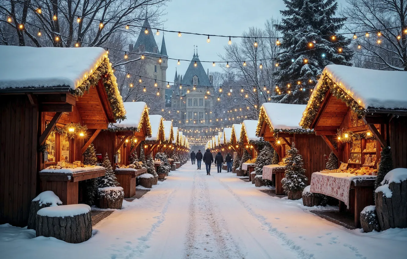 Photo wallpaper winter, snow, decoration, city, the city, street, new year, Christmas