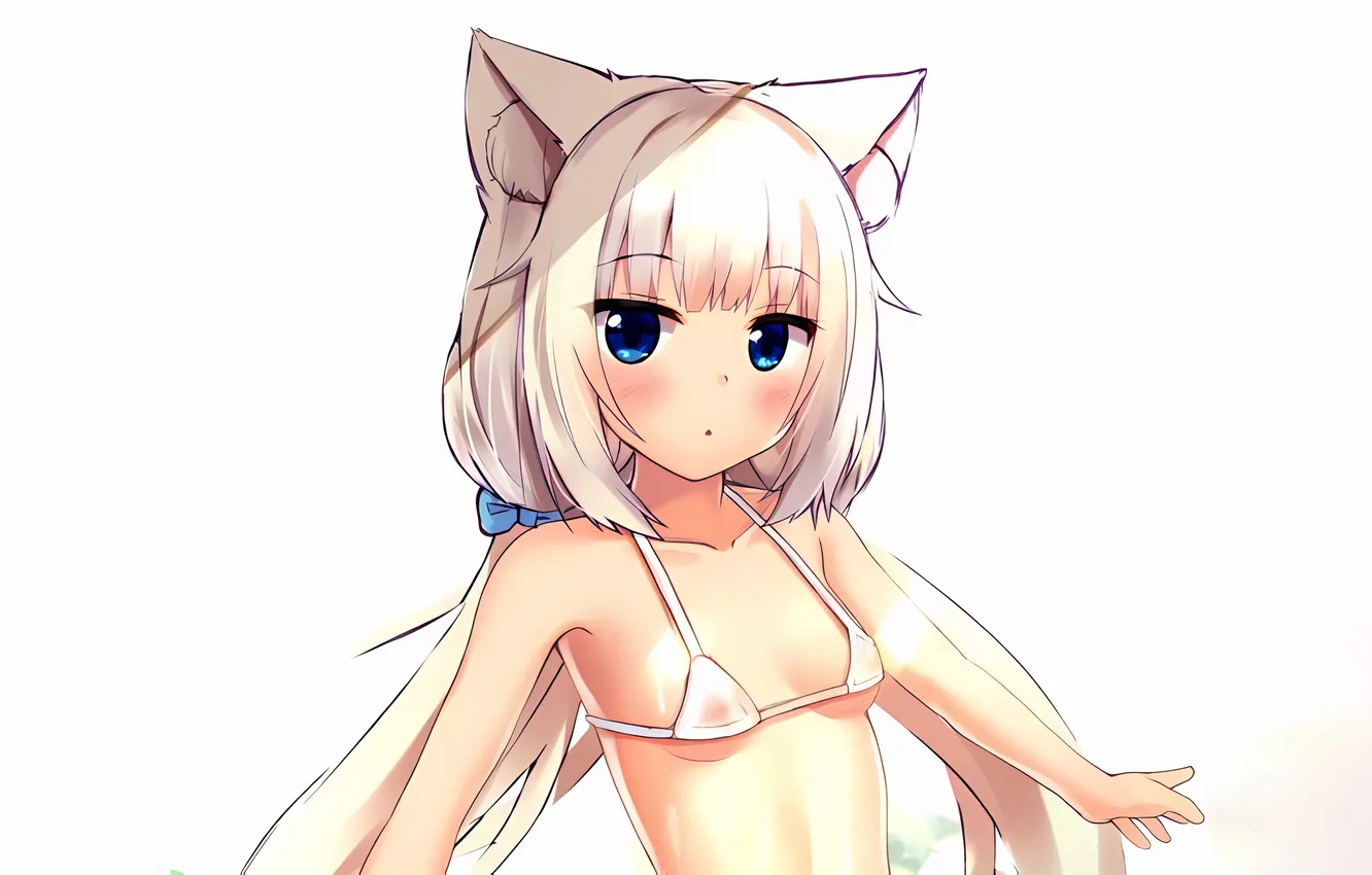 Photo wallpaper girl, sexy, cleavage, long hair, boobs, animal ears, anime, blue eyes