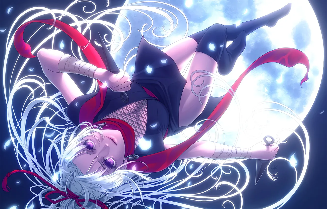 Photo wallpaper girl, night, weapons, stockings, petals, scarf, tape, long hair