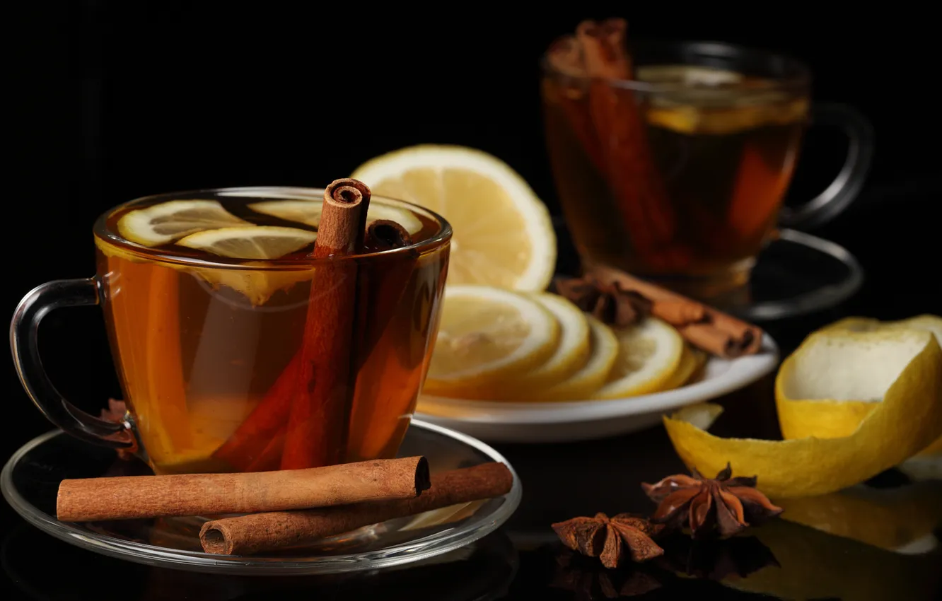 Photo wallpaper lemon, Cup, drink, cinnamon, saucer, slices, peel, star anise