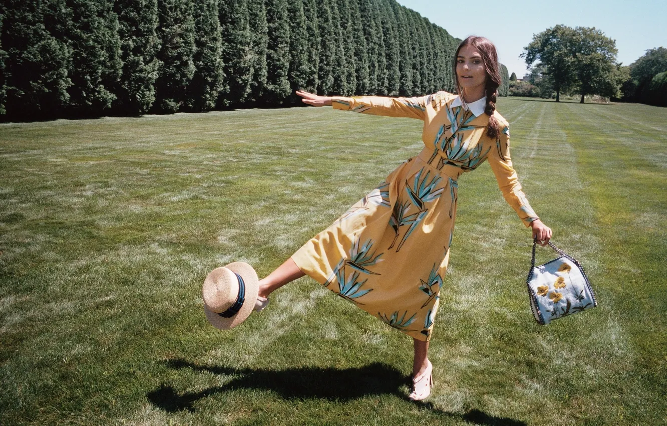 Photo wallpaper grass, trees, landscape, pose, lawn, glade, model, hat