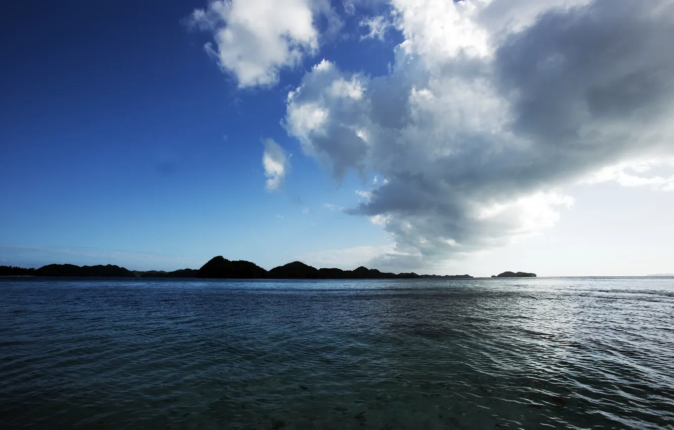 Photo wallpaper water, clouds, hills