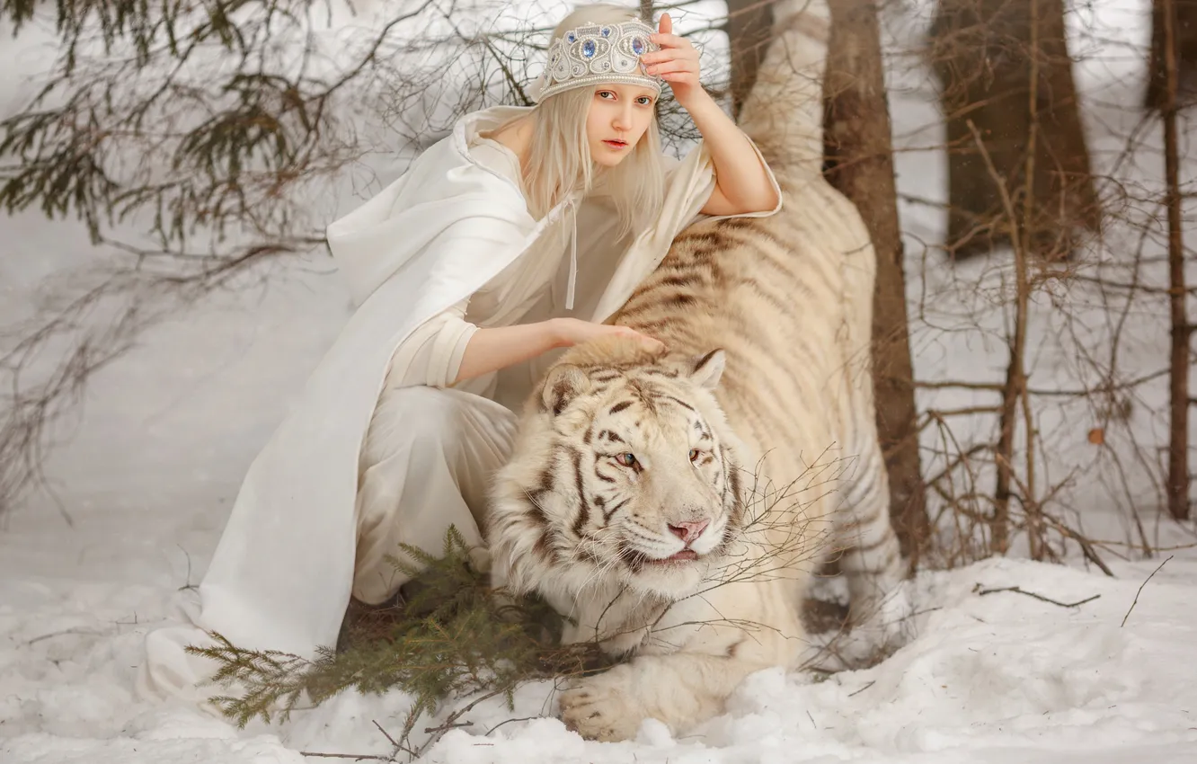 Photo wallpaper winter, forest, white, girl, snow, trees, branches, nature