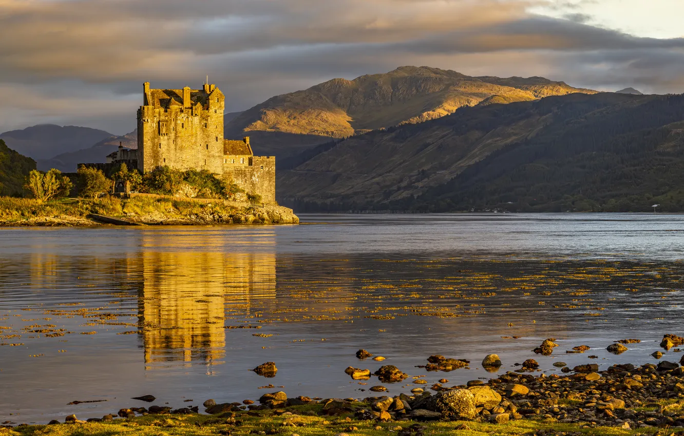 Photo wallpaper clouds, light, mountains, lake, reflection, stones, castle, hills