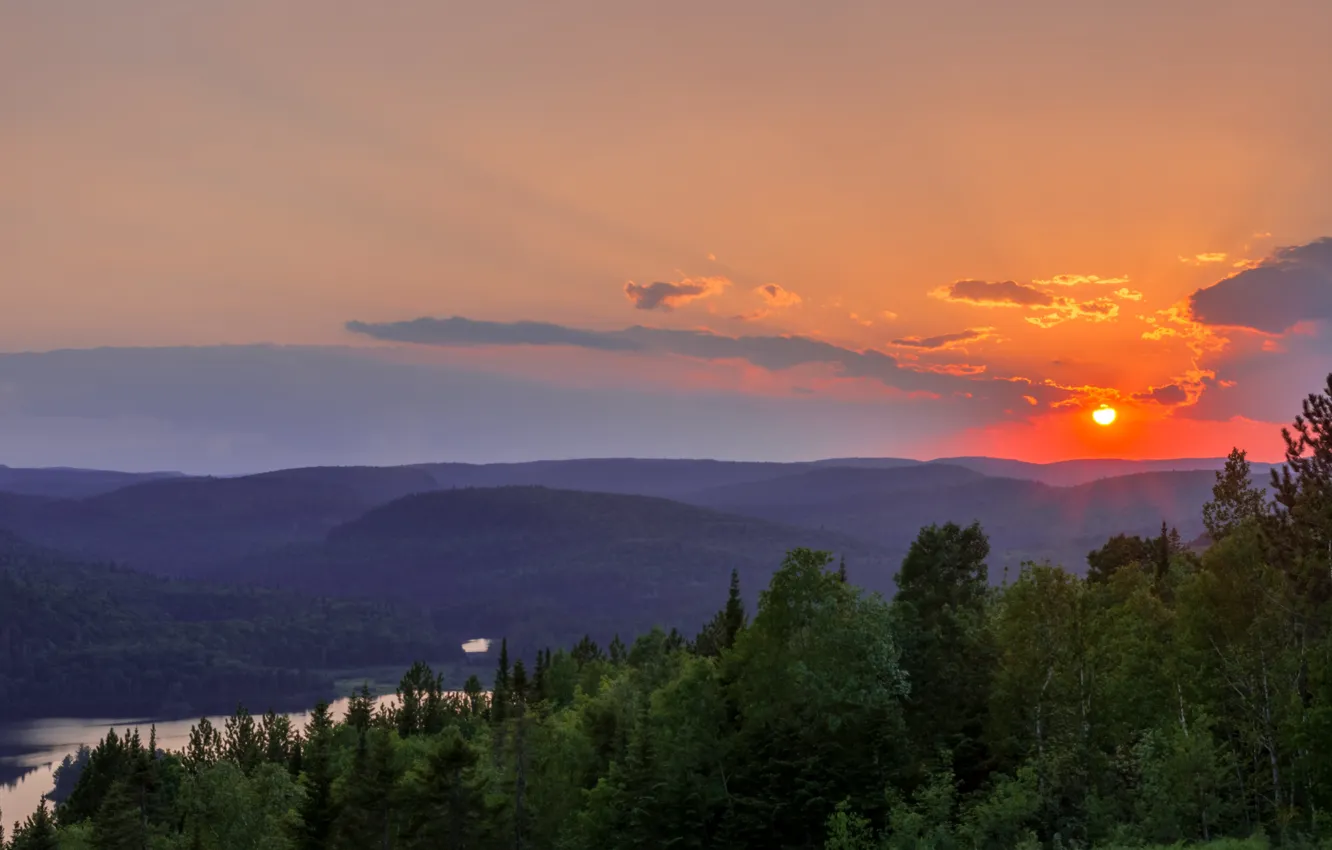 Photo wallpaper forest, sunset, mountains, lake, Canada, Canada, Quebec, QC